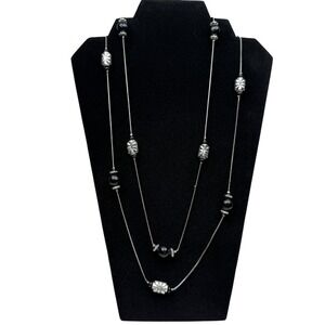 14KGP Clasp Long Silver Tone Black Onyx Style Beaded Fashion Necklace